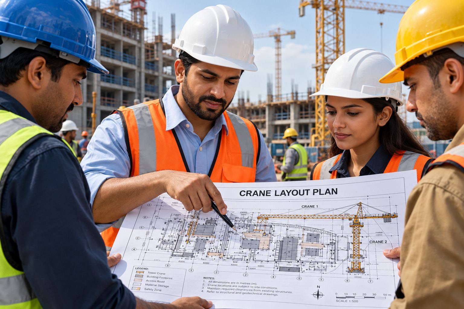 A site team in hard hats and high-visibility vests looking at a crane layout plan that shows two tower cranes over a building footprint