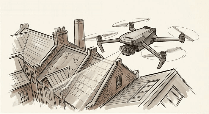 Pencil drawing of a drone photographing the brick terraced roofs and chimneys of neighbouring buildings