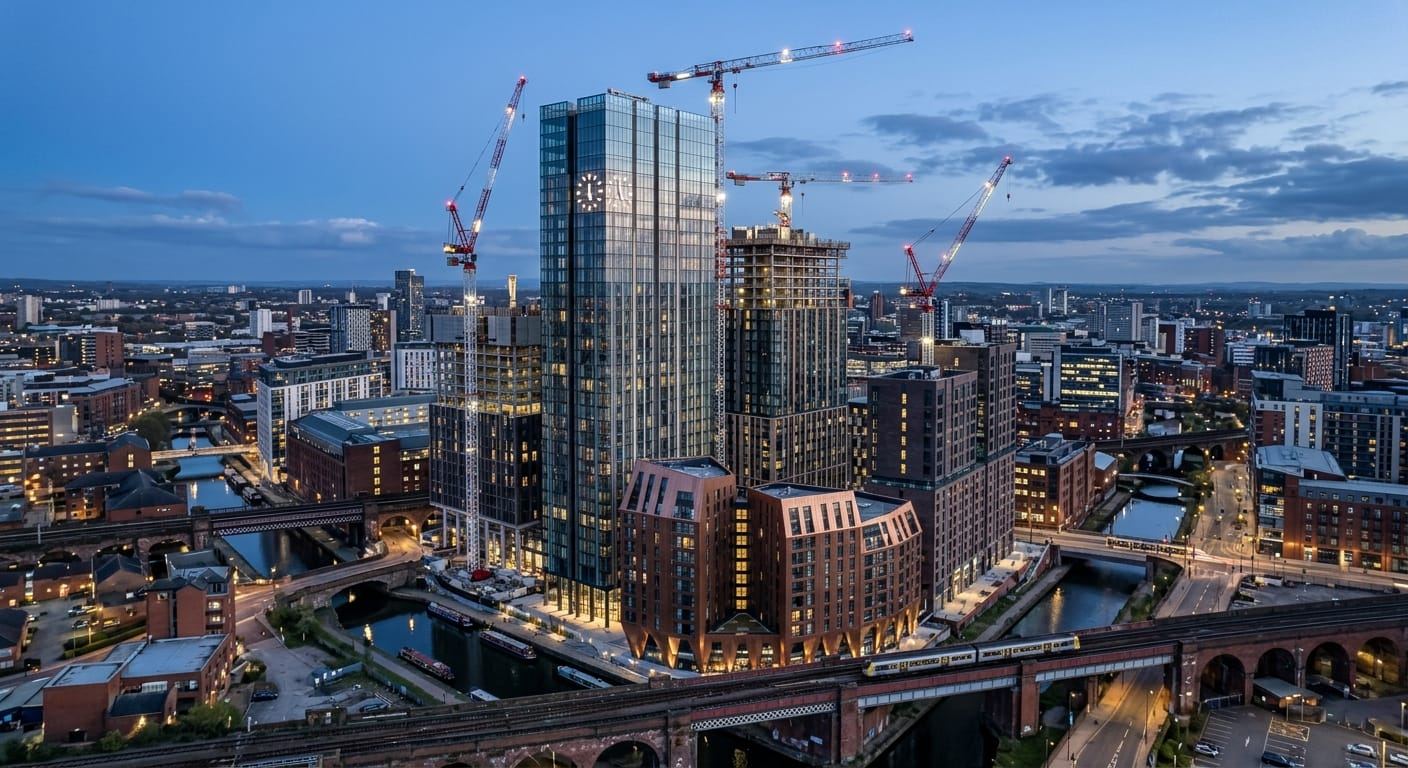 Tower cranes over new apartment towers beside a canal and a railway viaduct at dusk