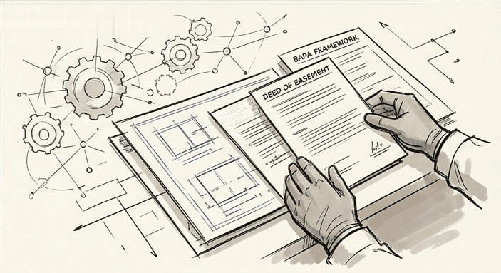 Pencil drawing of hands holding a signed deed over site plans, with a BAPA framework document and linked gears behind