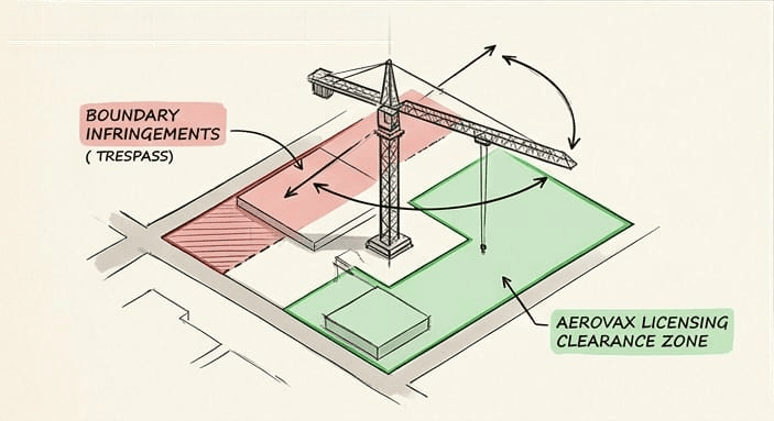 Plan drawing of a tower crane on a site, its jib swinging over a red boundary infringement zone marked trespass and a green Aerovax licensing clearance zone