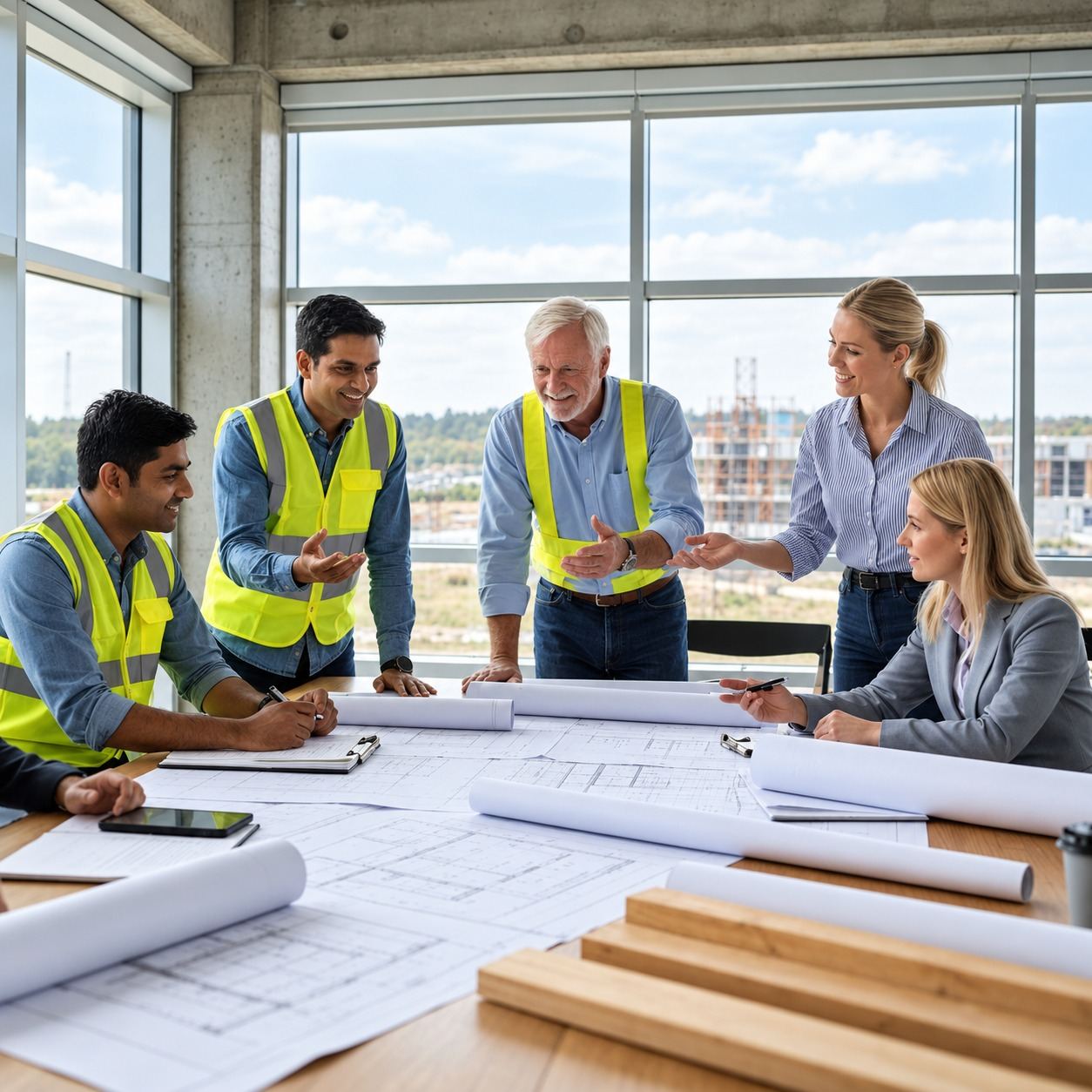 A project team in high-visibility vests and office clothes around a table of drawings, with a building under construction beyond the windows