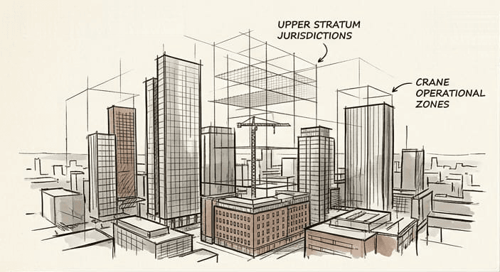 Pencil drawing of a city skyline with a tower crane among the towers, the airspace above it boxed into wireframe zones labelled upper stratum jurisdictions and crane operational zones